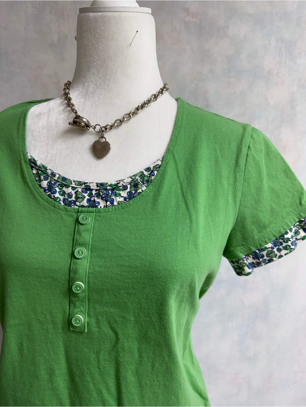 Women's Green Short Sleeve Layered Tee with White Floral Trim by Mountain Lake